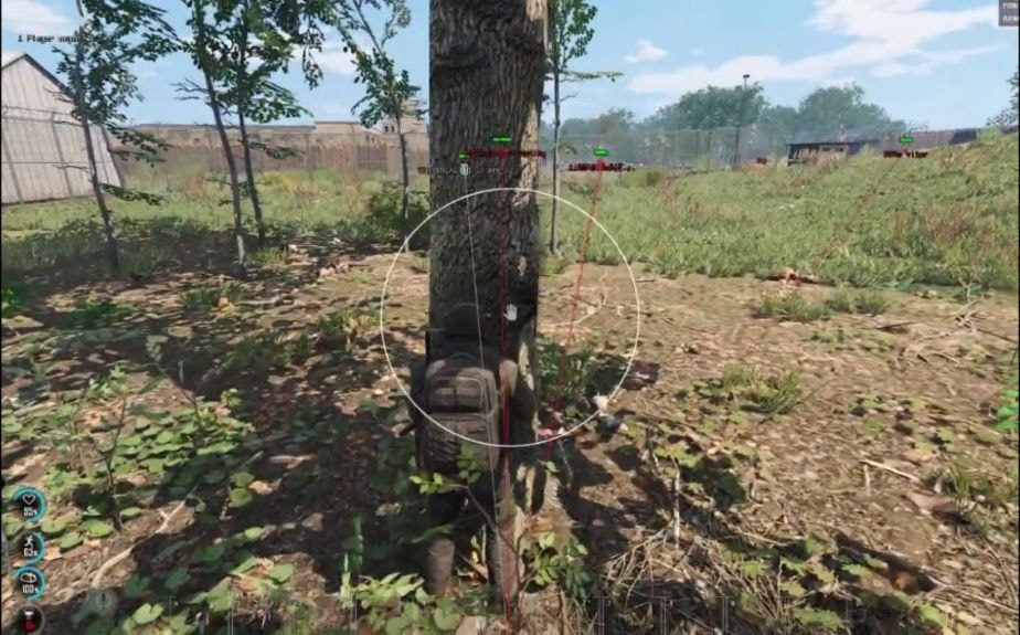 Third-person SCUM view from cover with red tracers and player markers across a field toward distant buildings.